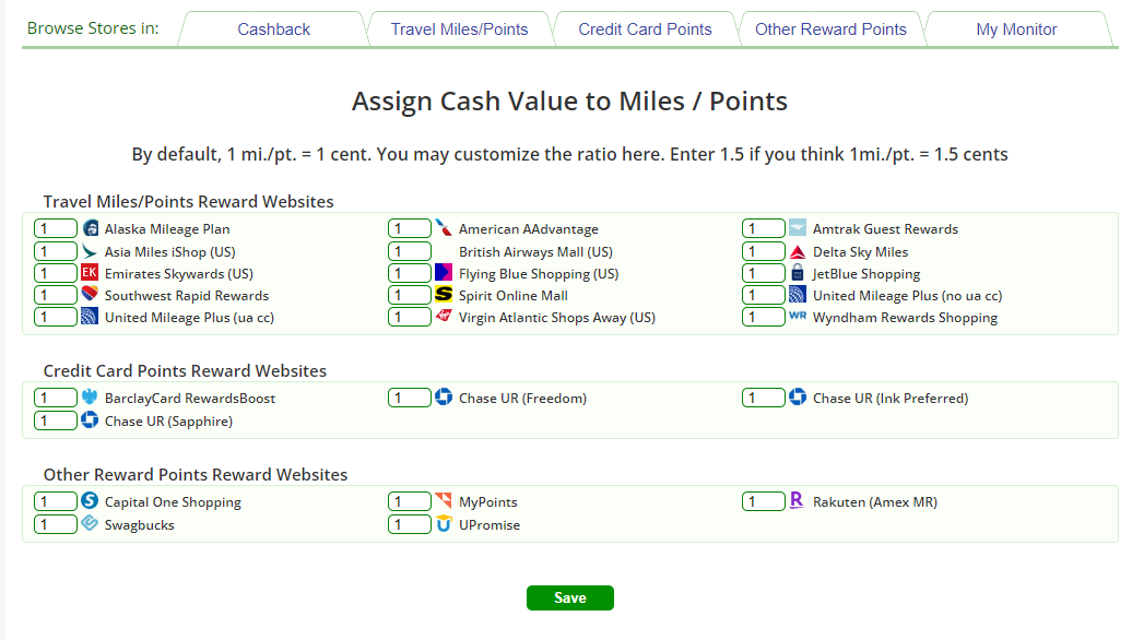 screenshot of assigning cash value on cashback monitor