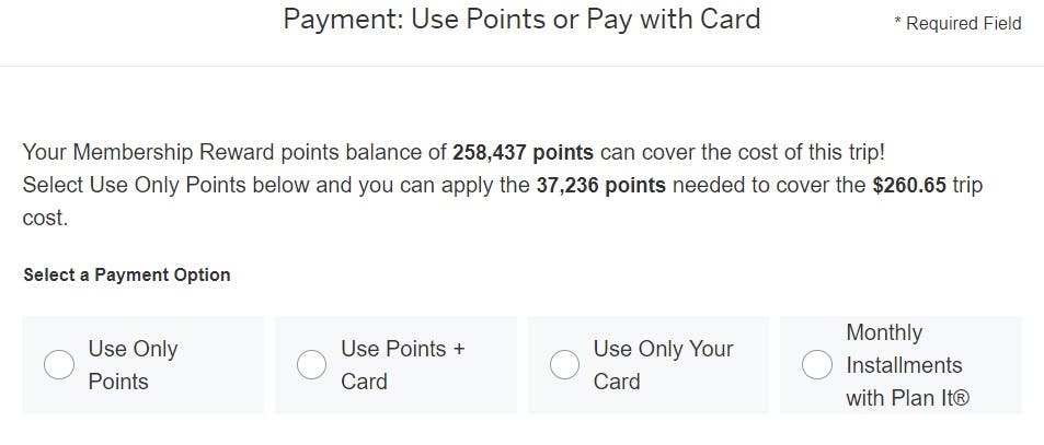 screenshot of paying with points and cash on amex travel