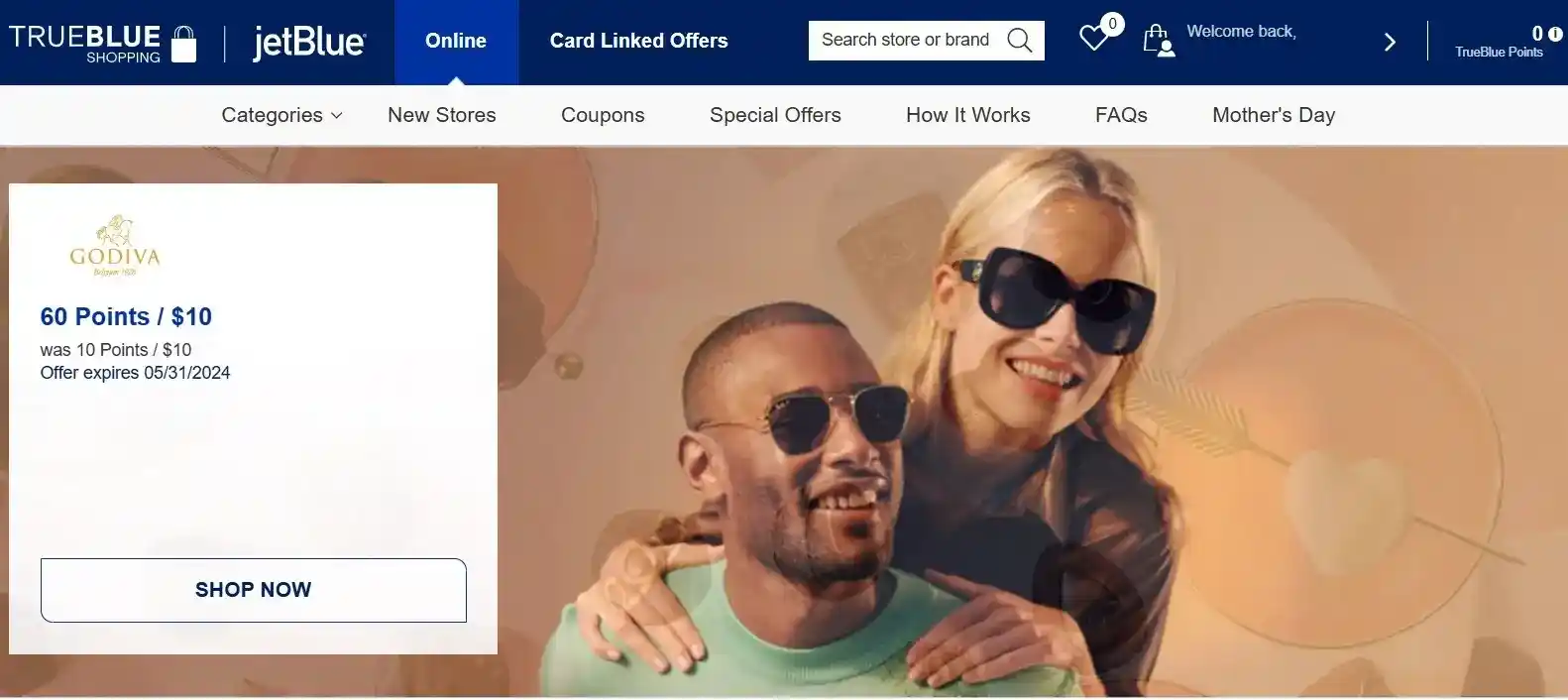 Screenshot of JetBlue TrueBlue shopping portal