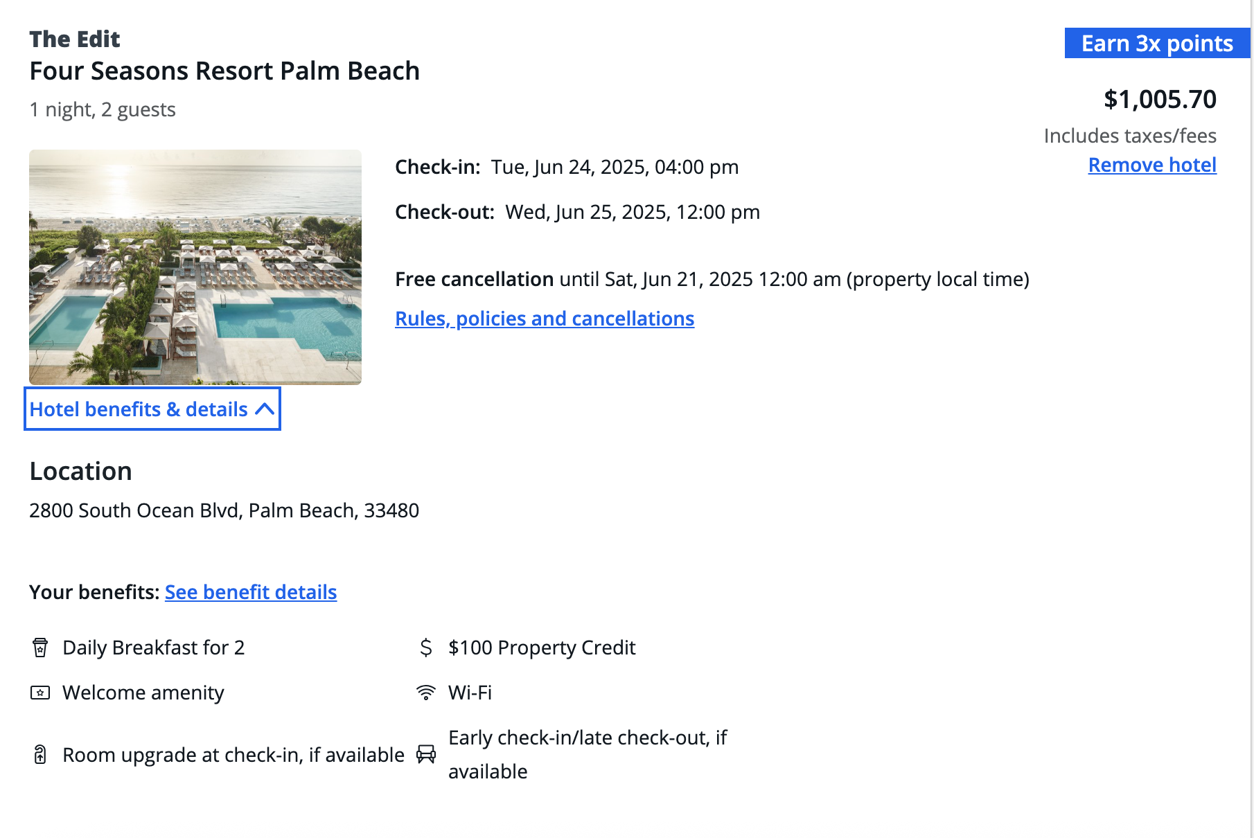 Once you begin your checkout, you can review the property benefits offered by clicking “Hotel benefits and details”.